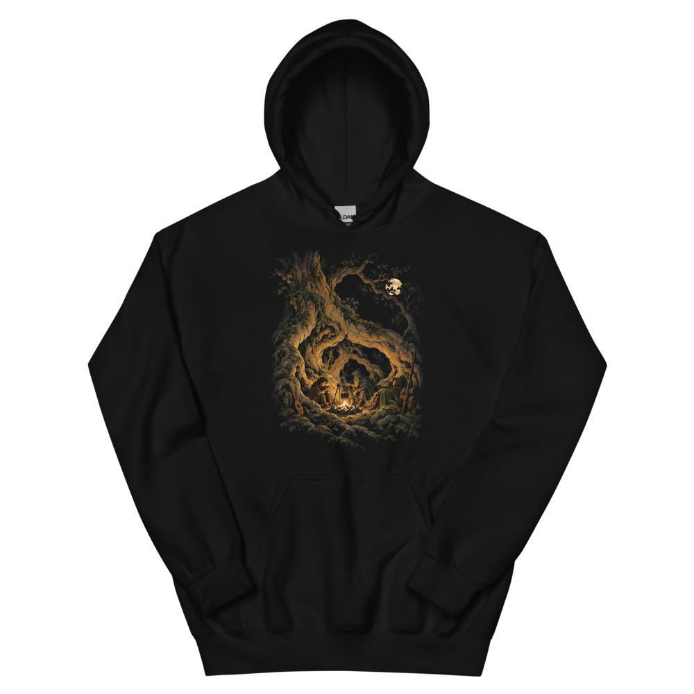 Fire Under the Great Tree | Retro Fantasy - Hoodie Black (scale corrected)