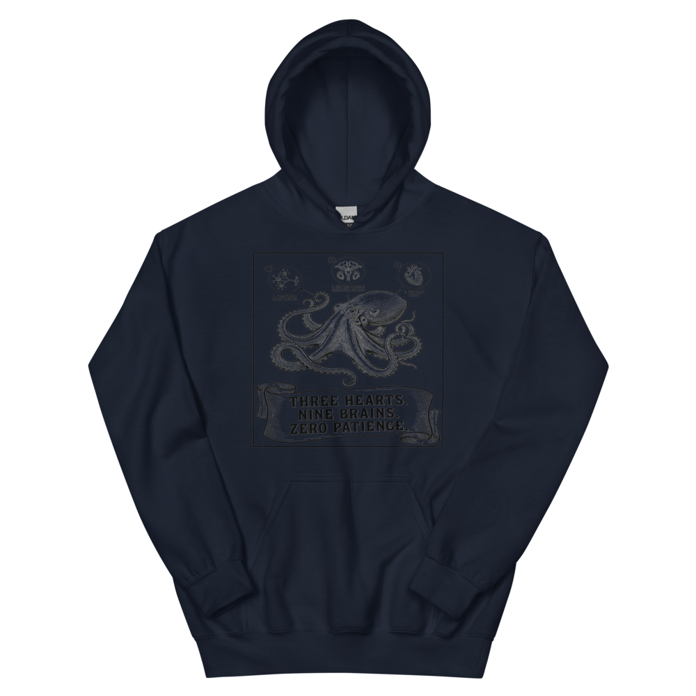 Octopus: Three Hearts. Nine Brains. Zero Patience. | Vintage Science - Hoodie Navy