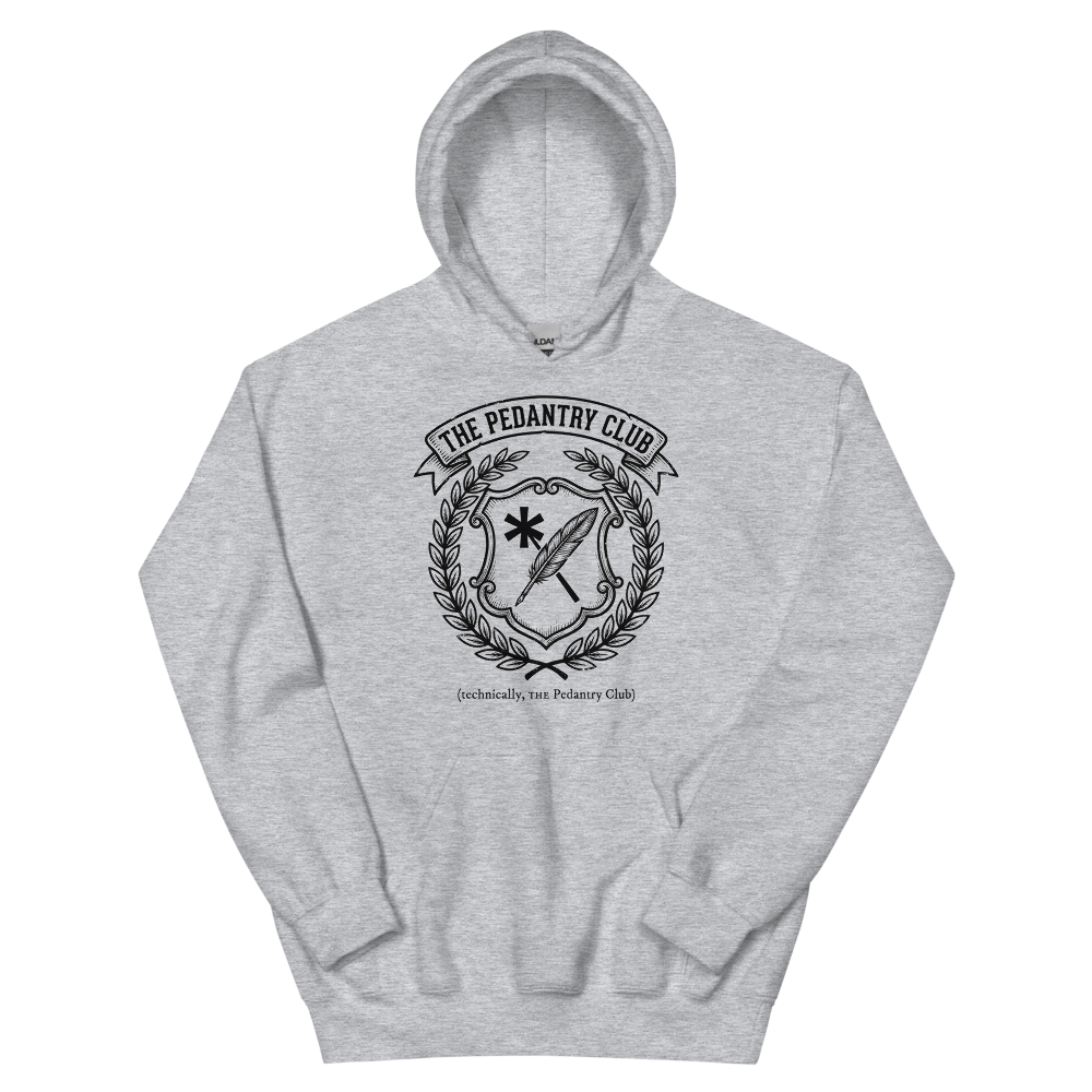 The Pedantry Club (technically, THE Pedantry Club) | Crest - Hoodie Sport Grey (artwork corrected)
