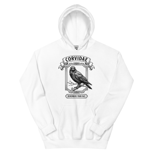 Corvidae: Remembers Your Face | Vintage Science Tee - Hoodie White (artwork corrected)