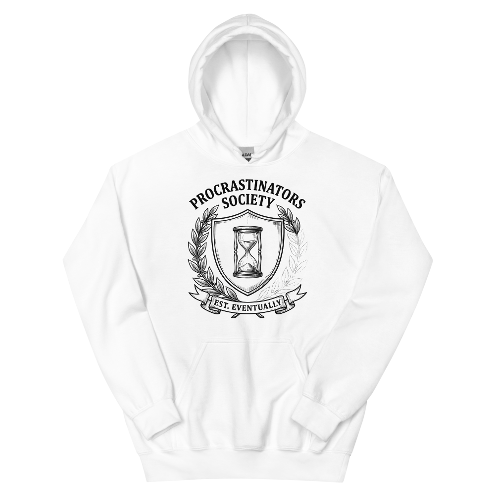 Procrastinators Society: Est. Eventually | Crest - Hoodie White (artwork corrected)