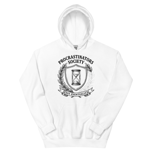 Procrastinators Society: Est. Eventually | Crest - Hoodie White (artwork corrected)
