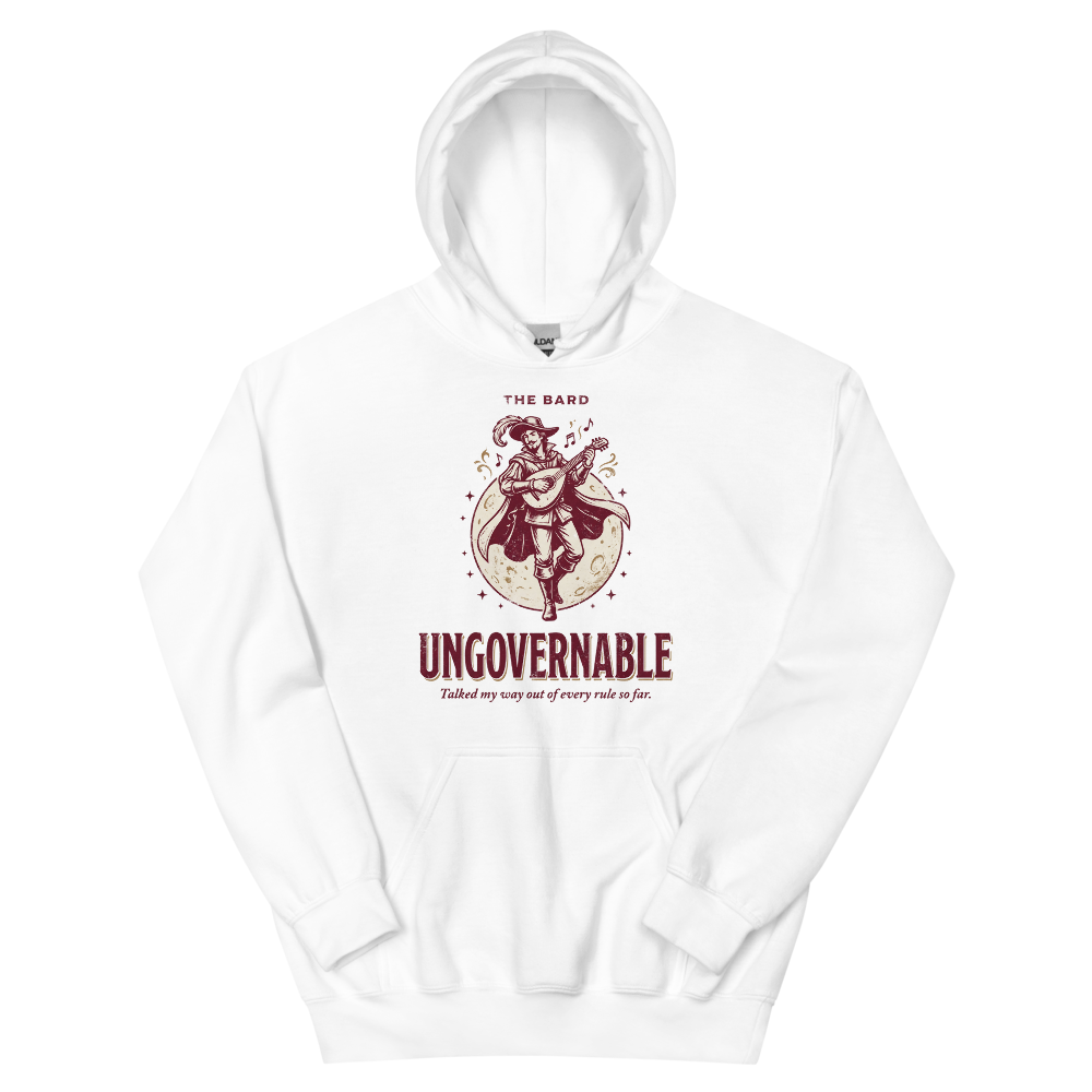 Bard - Ungovernable | TTRPG Class | Vintage Tabletop RPG - Hoodie White (artwork corrected)