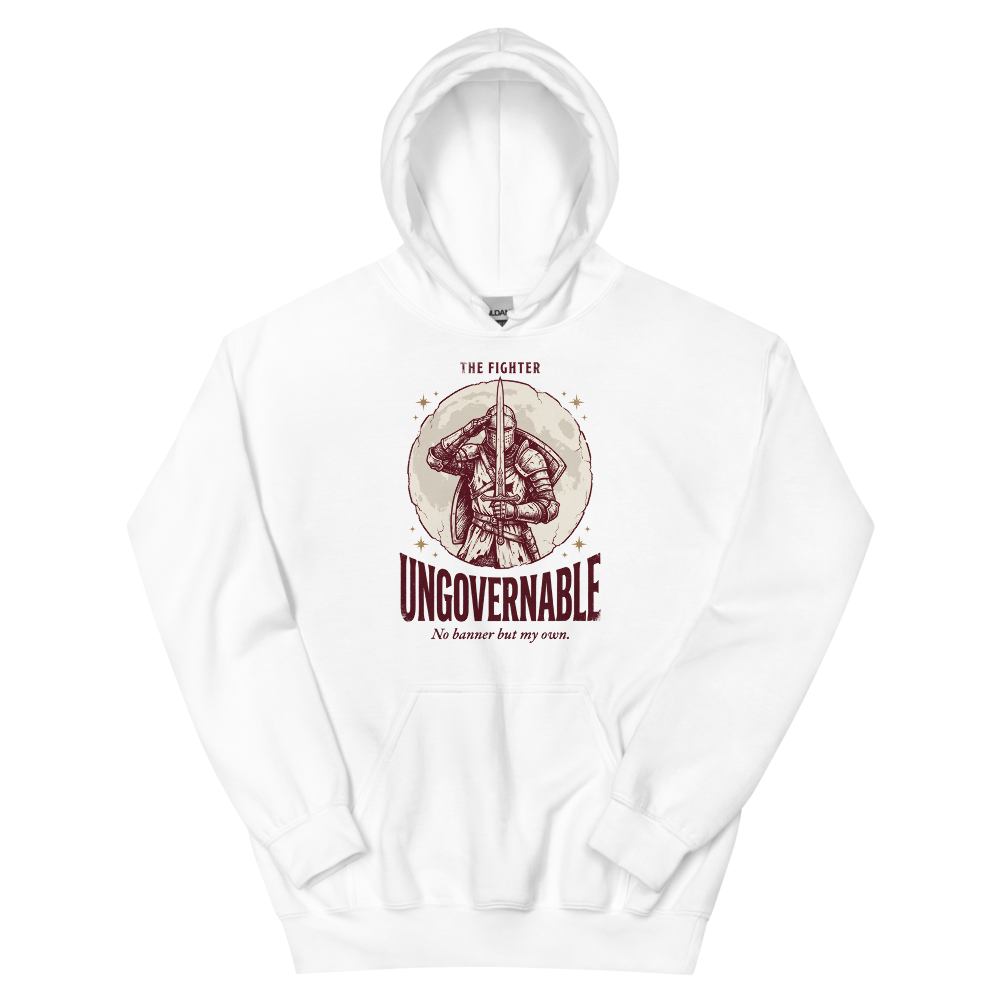 Fighter - Ungovernable | TTRPG Class | Vintage Tabletop RPG - Hoodie White (artwork corrected)