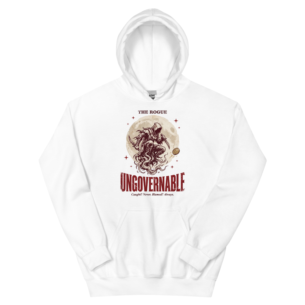 Rogue - Ungovernable | TTRPG Class | Vintage Tabletop RPG - Hoodie White (artwork corrected)