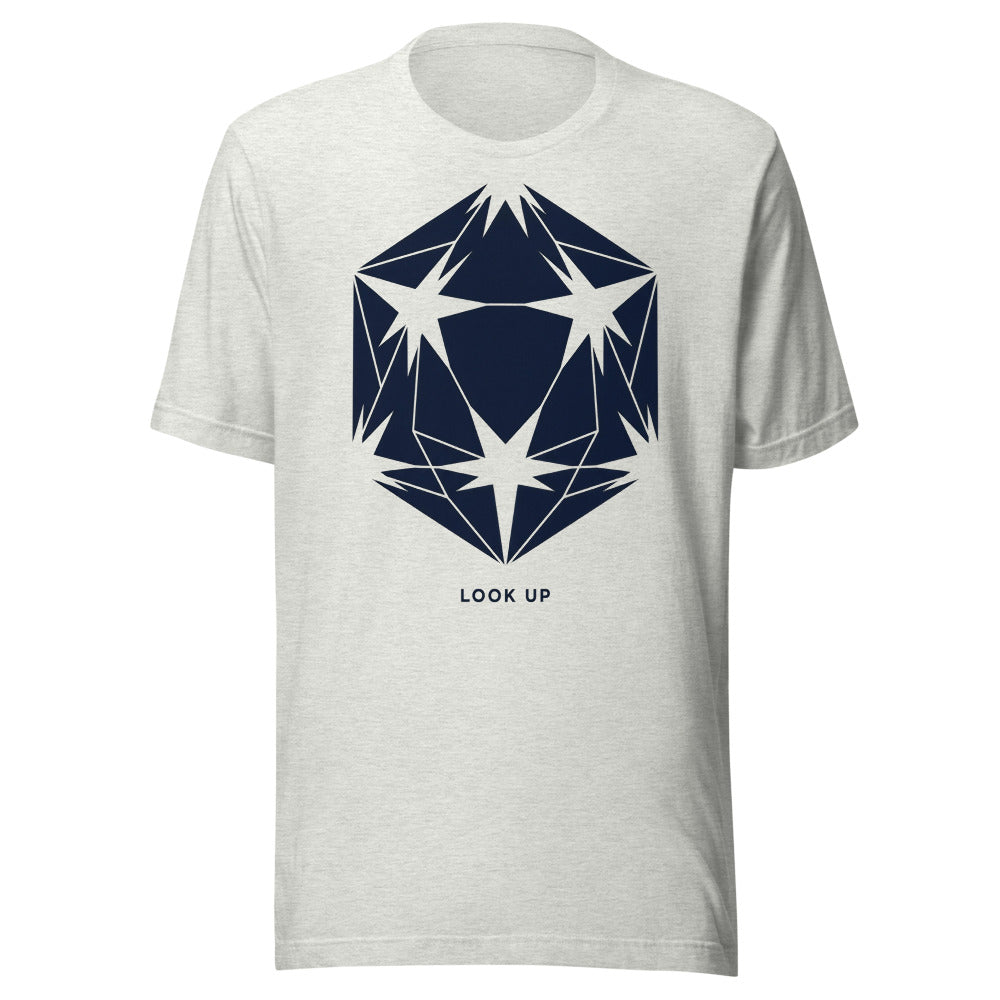 Look Up — d20 Constellation | Stargazer TTRPG Tee Ash flat lay