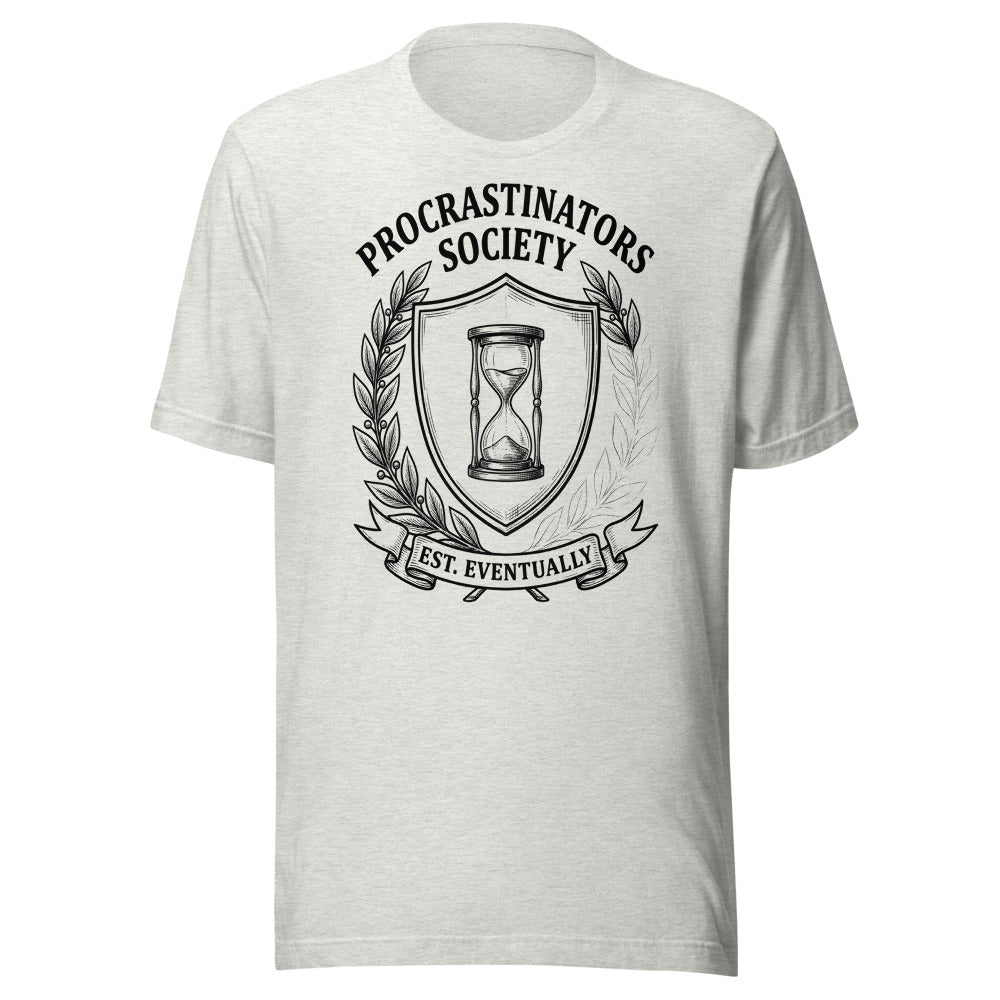 Procrastinators Society — Est. Eventually | Crest Tee Ash flat lay