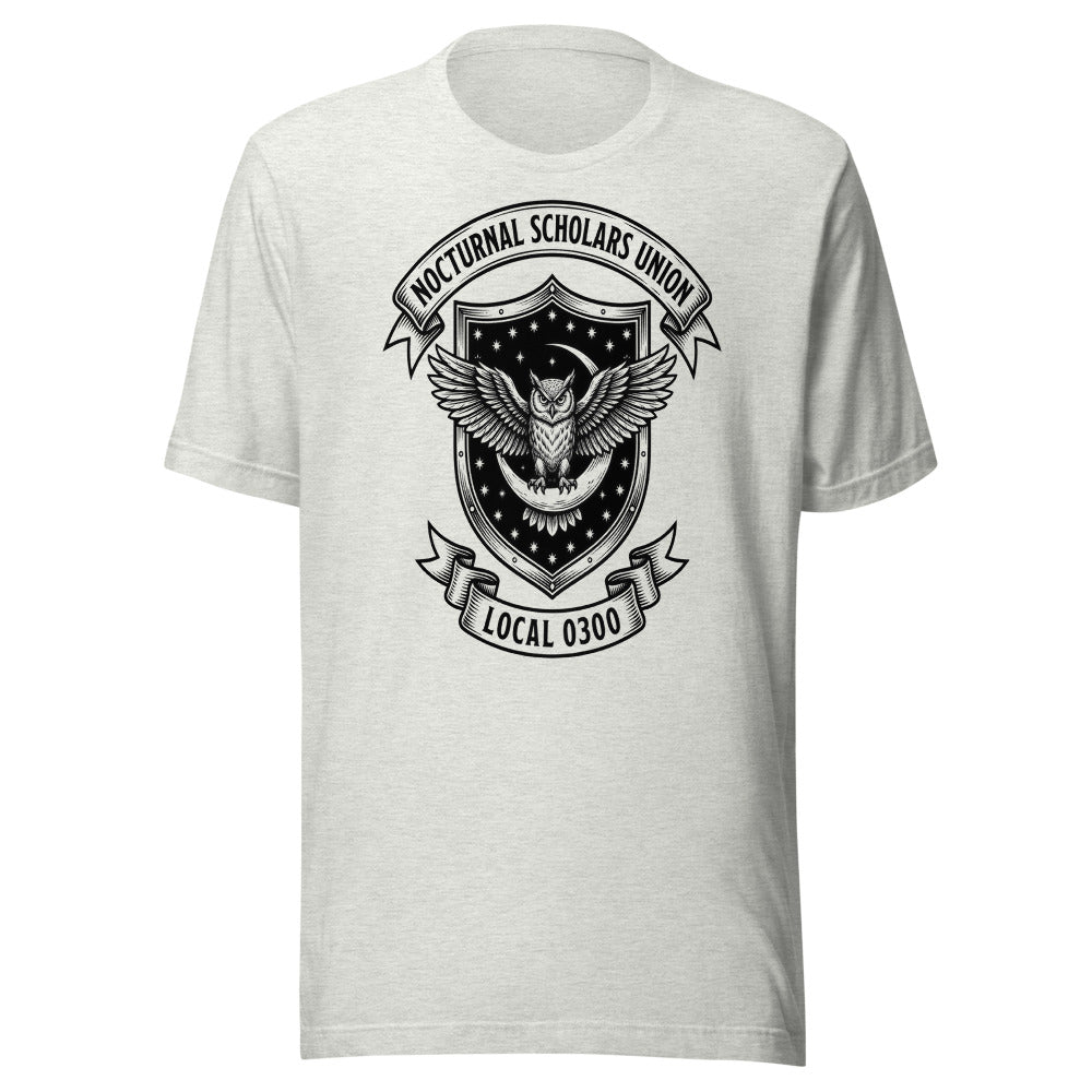 Nocturnal Scholars Union — Local 0300 | Crest Tee Ash flat lay