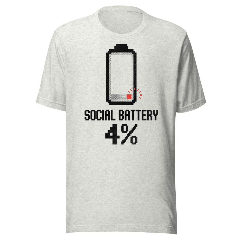 Social Battery — 4% | Introvert Tee Ash flat lay