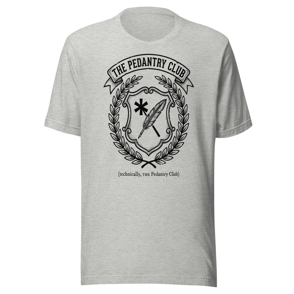 The Pedantry Club (technically, THE Pedantry Club) | Crest Tee Athletic Heather flat lay