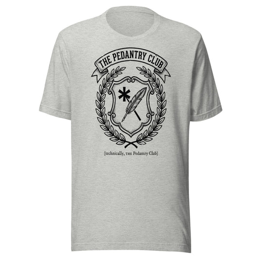 The Pedantry Club (technically, THE Pedantry Club) | Crest Tee Athletic Heather flat lay