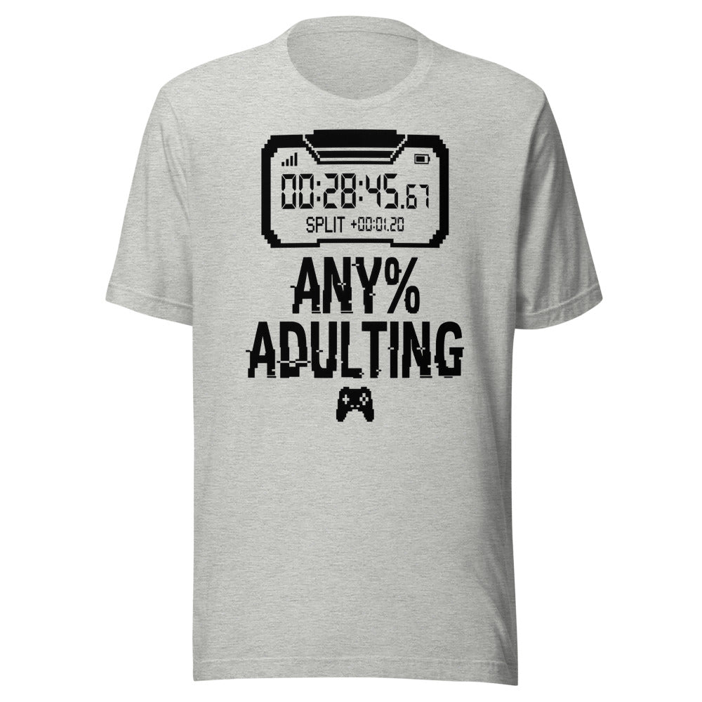 Any% Adulting — Speedrun Timer | Gamer Tee Athletic Heather flat lay
