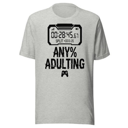 Any% Adulting — Speedrun Timer | Gamer Tee Athletic Heather flat lay