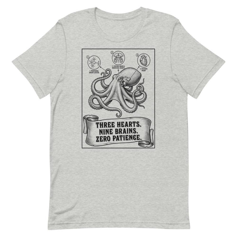 Octopus — Three Hearts. Nine Brains. Zero Patience. | Vintage Science Tee print detail 1