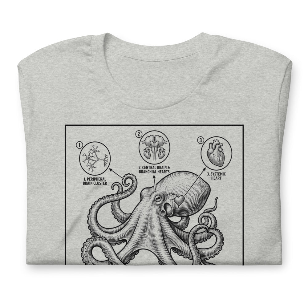 Octopus — Three Hearts. Nine Brains. Zero Patience. | Vintage Science Tee print detail 2