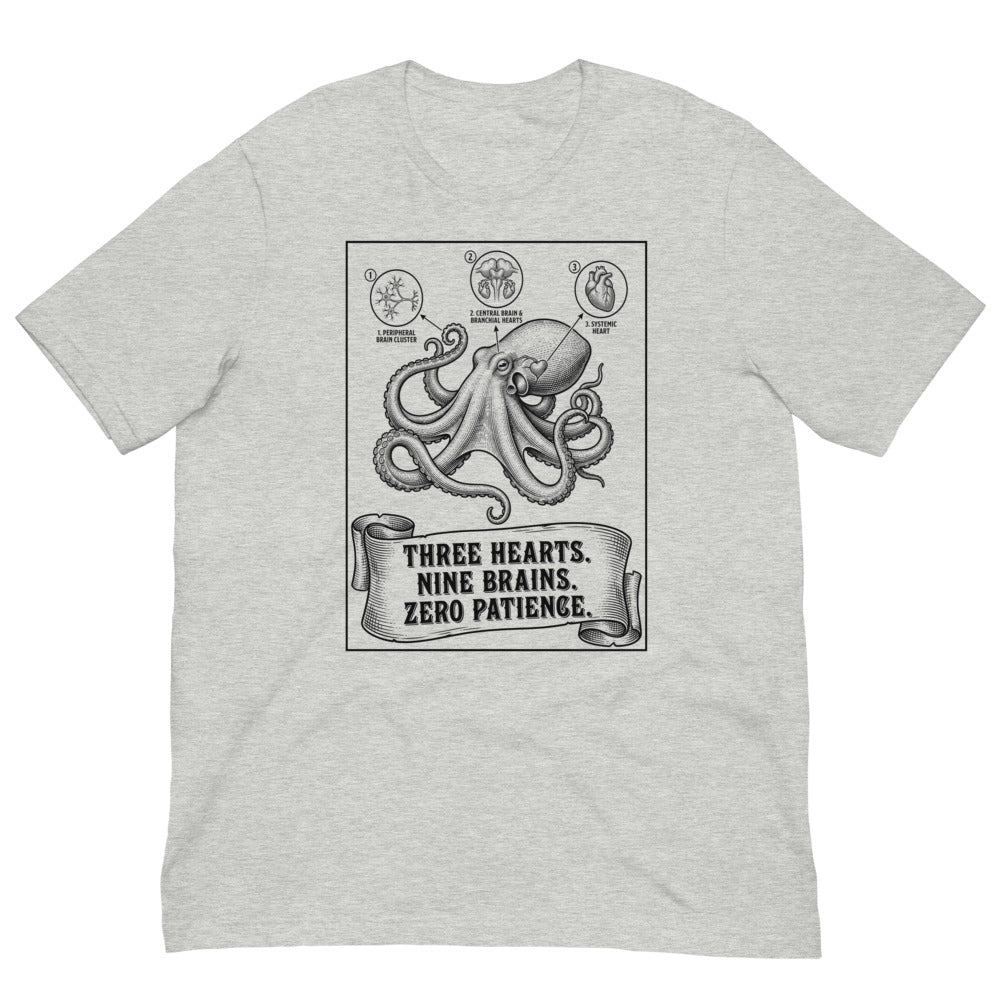 Octopus — Three Hearts. Nine Brains. Zero Patience. | Vintage Science Tee print detail 3