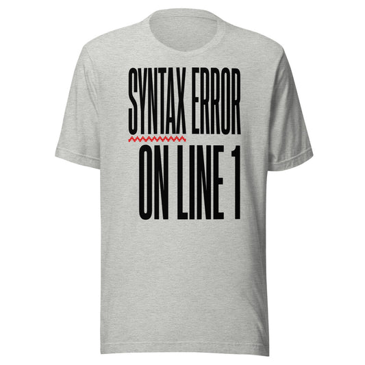 Syntax Error on Line 1 | Retro Programmer Tee Athletic Heather flat lay