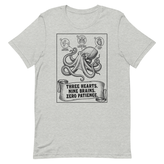 Octopus: Three Hearts. Nine Brains. Zero Patience. | Vintage Science Tee - Athletic Heather
