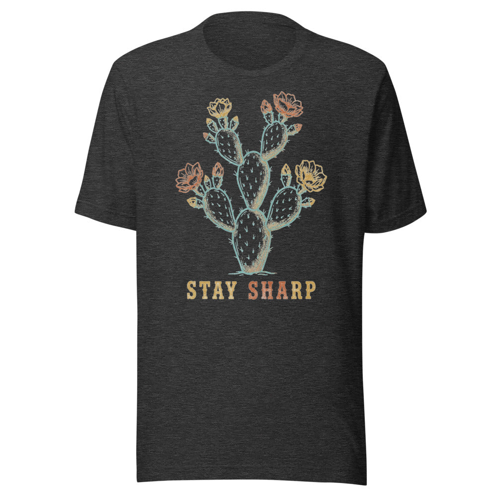 Stay Sharp | Prickly Pear Tee Dark Grey Heather flat lay