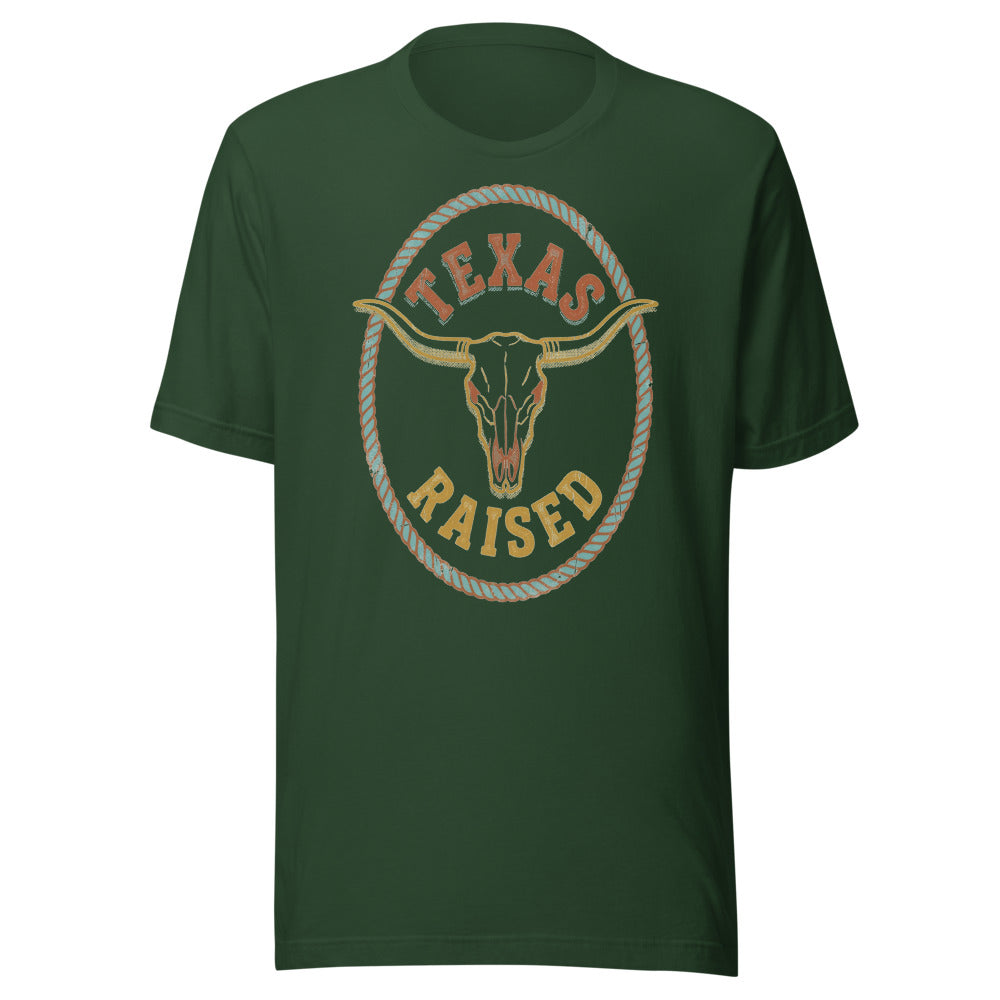 Texas Raised | Longhorn Badge Tee Forest flat lay