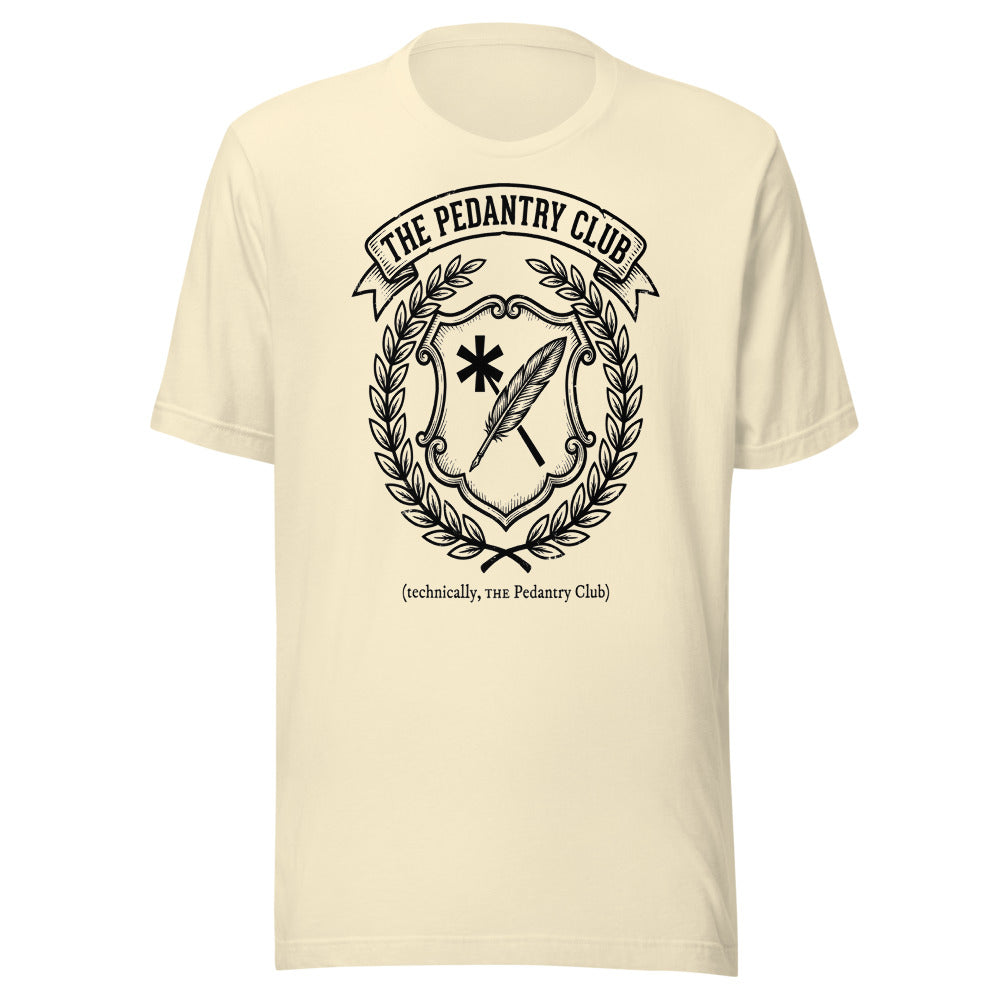 The Pedantry Club (technically, THE Pedantry Club) | Crest Tee Natural flat lay