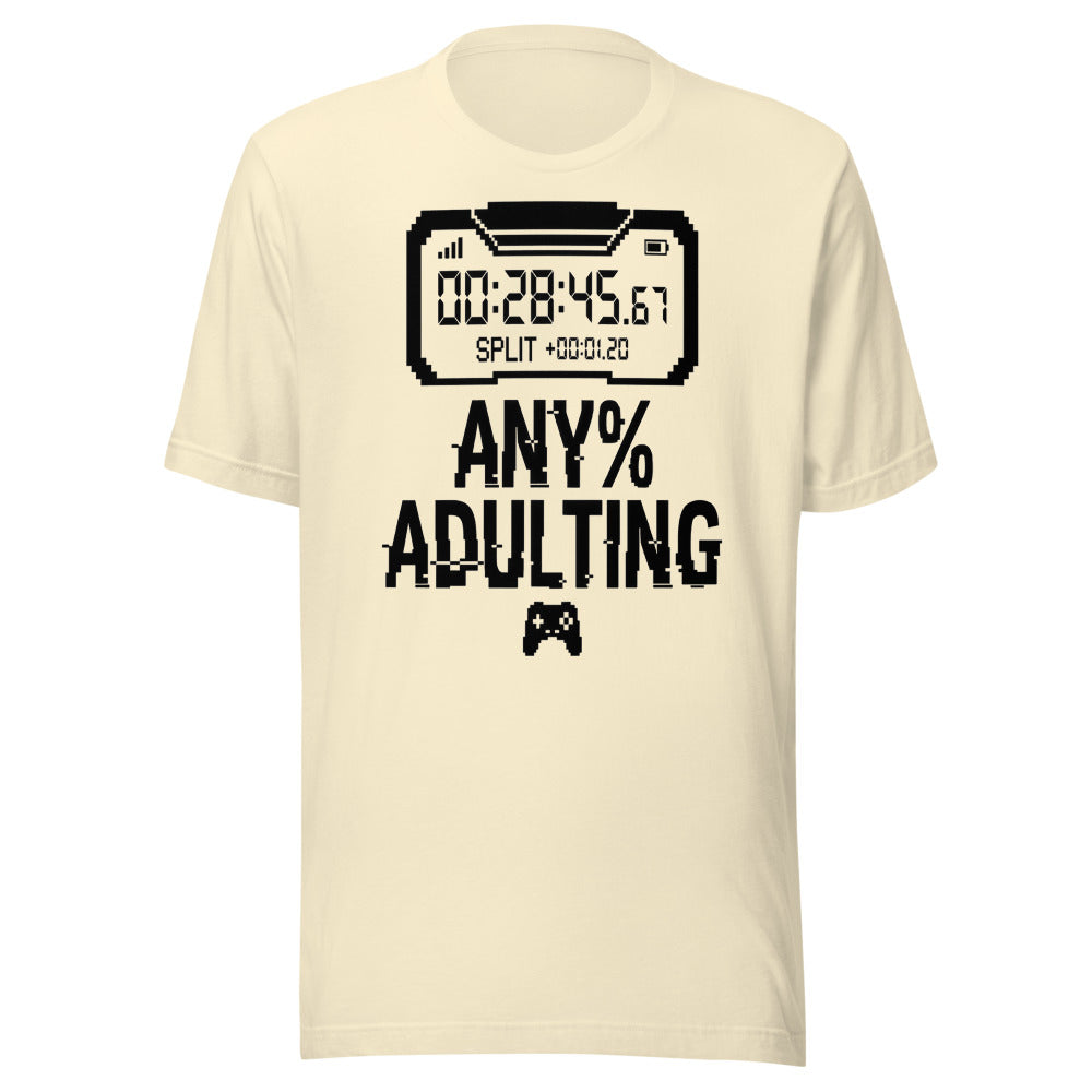 Any% Adulting — Speedrun Timer | Gamer Tee Natural flat lay