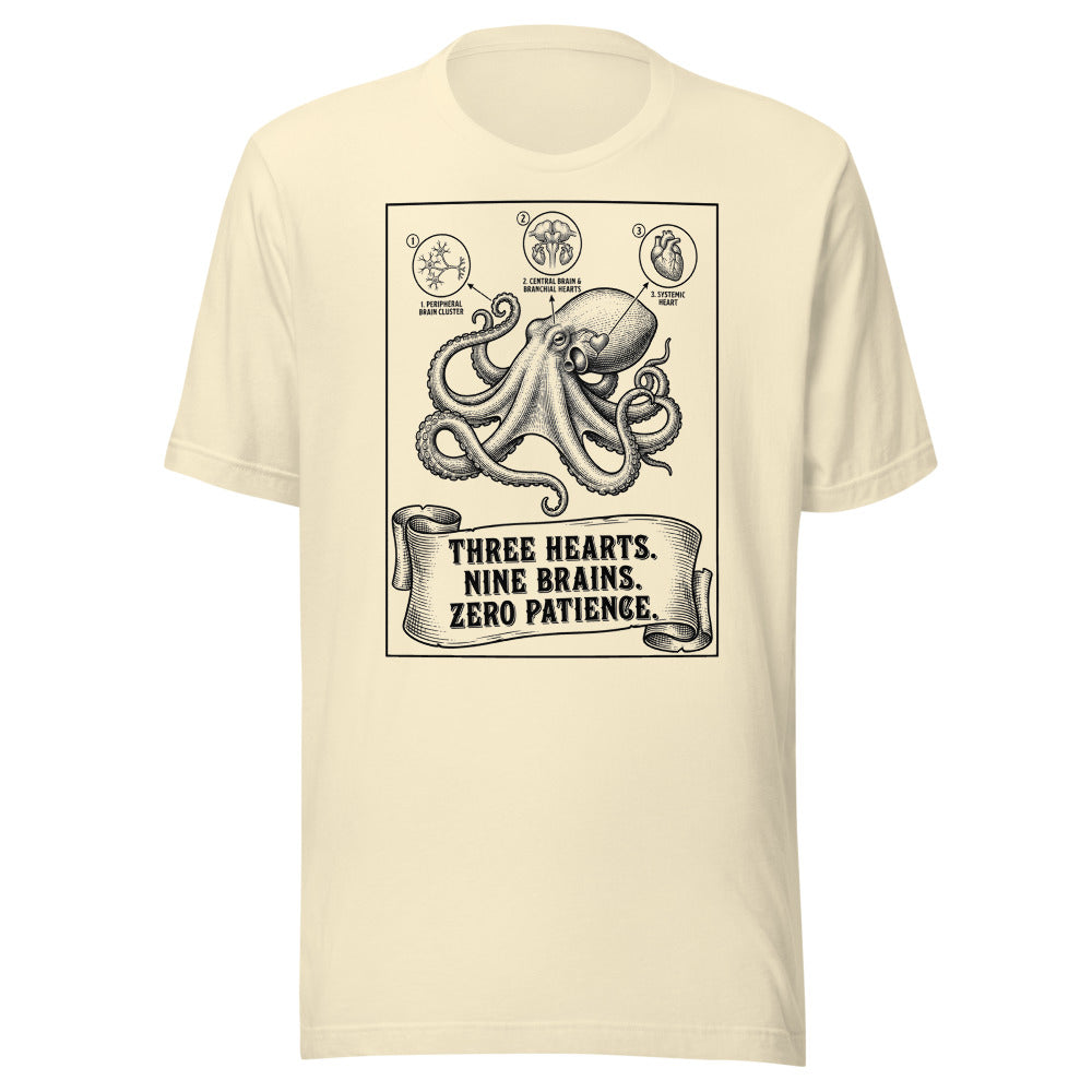 Octopus — Three Hearts. Nine Brains. Zero Patience. | Vintage Science Tee Natural flat lay