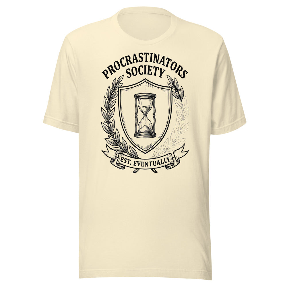 Procrastinators Society — Est. Eventually | Crest Tee Natural flat lay