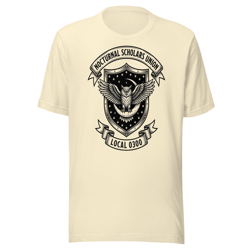 Nocturnal Scholars Union — Local 0300 | Crest Tee Natural flat lay