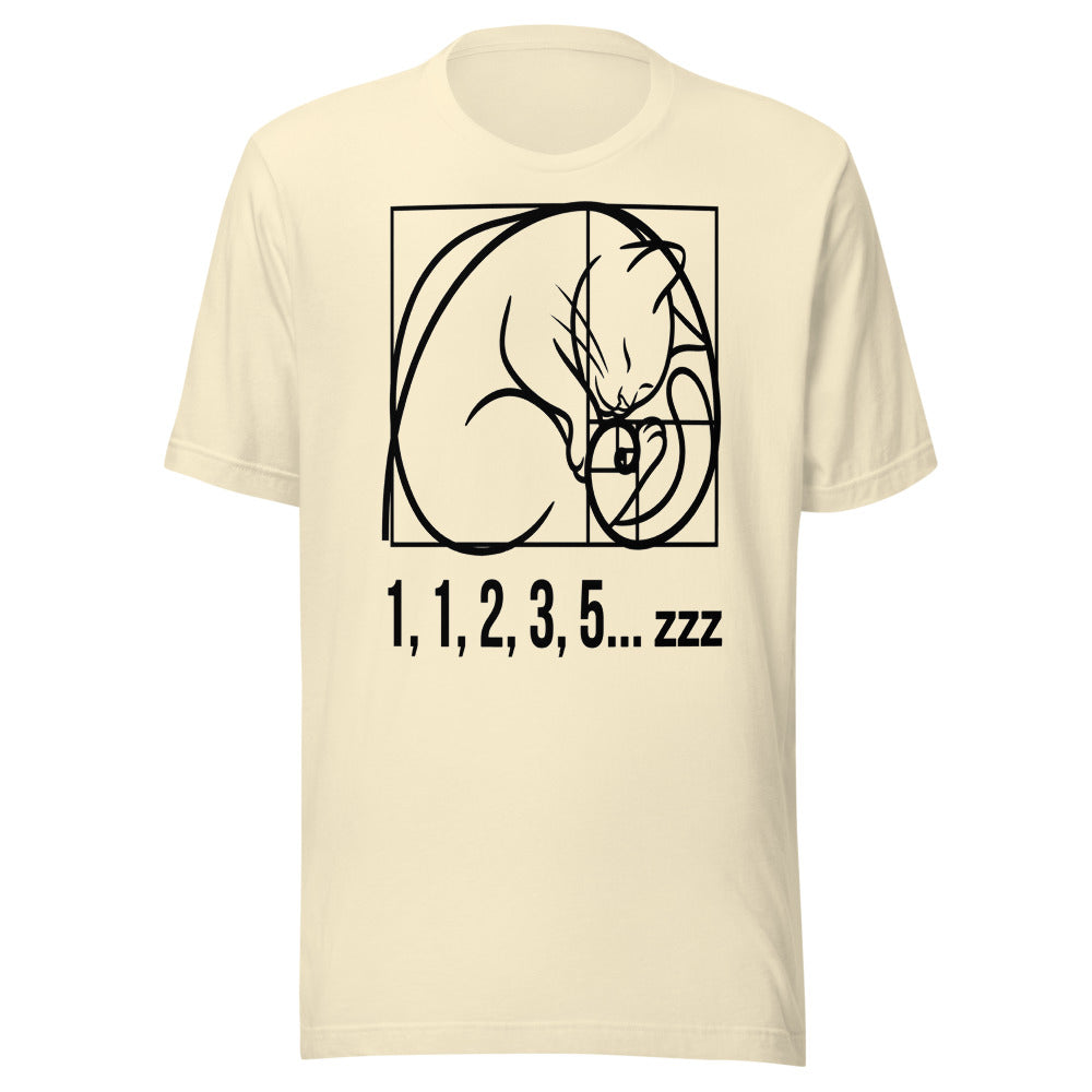 Fibonacci Cat — 1, 1, 2, 3, 5... zzz | Math Cat Tee Natural flat lay
