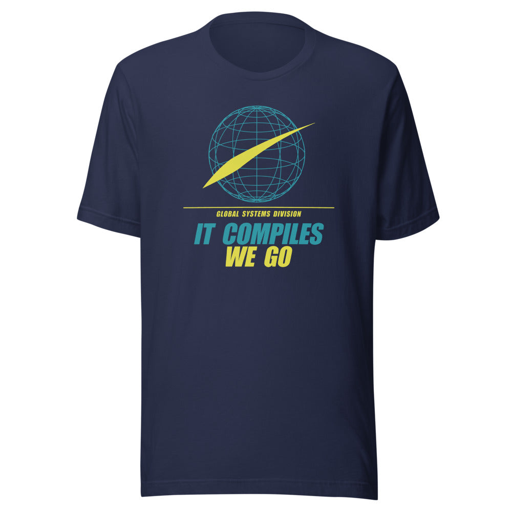 It Compiles, We Go | Retro Tech Swag Tee Navy flat lay