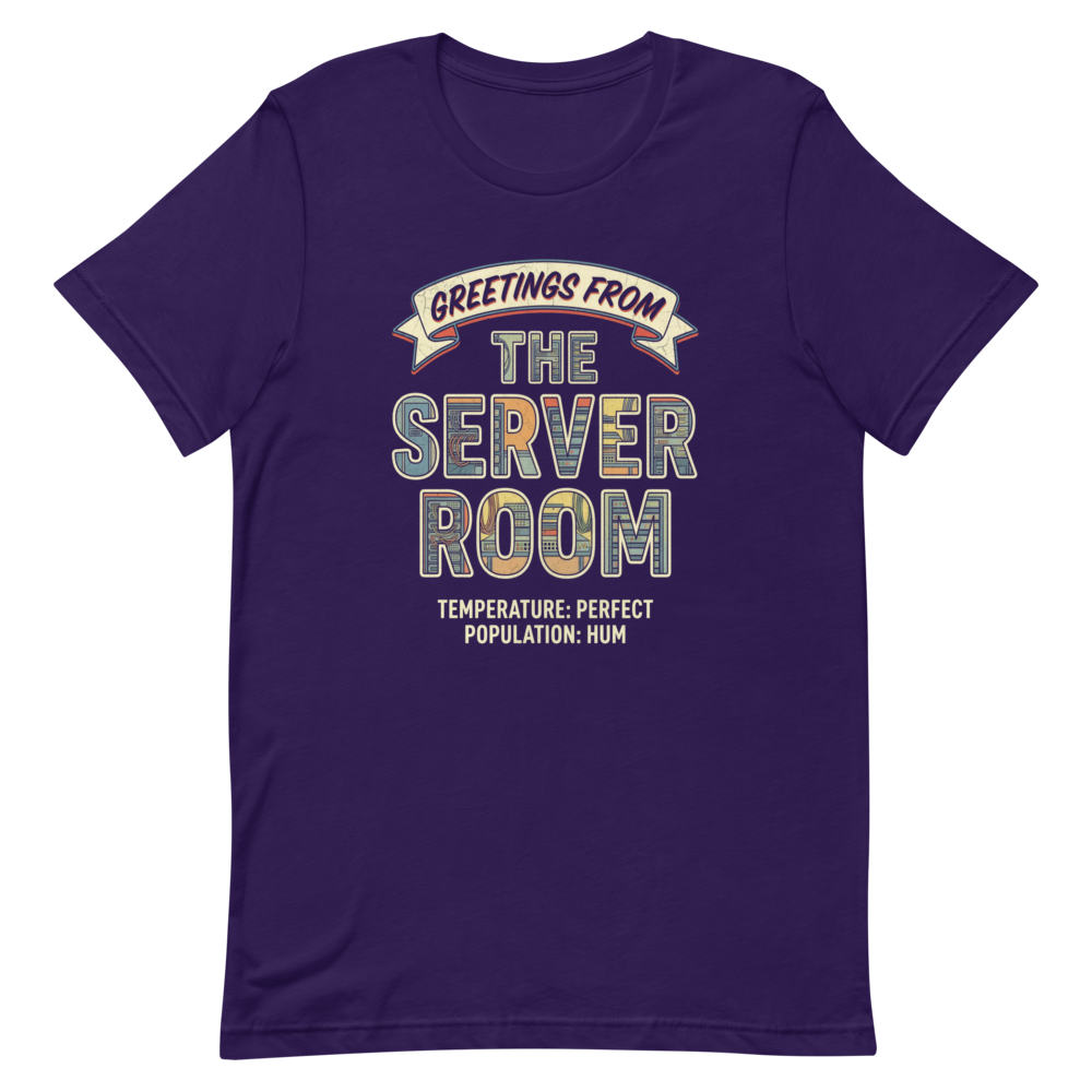 Greetings from the Server Room | IT Postcard Tee - Team Purple