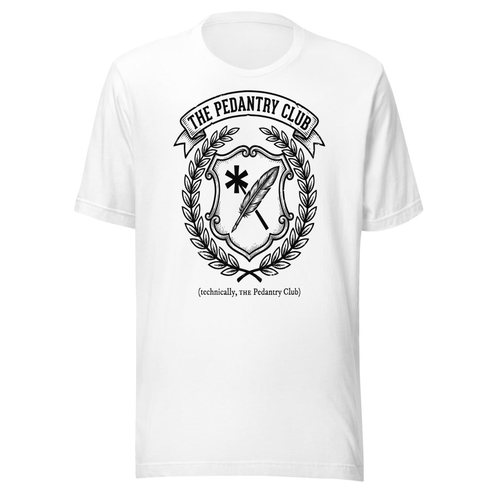The Pedantry Club (technically, THE Pedantry Club) | Crest Tee White flat lay