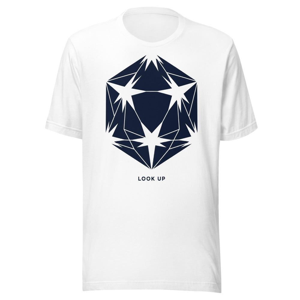 Look Up — d20 Constellation | Stargazer TTRPG Tee White flat lay
