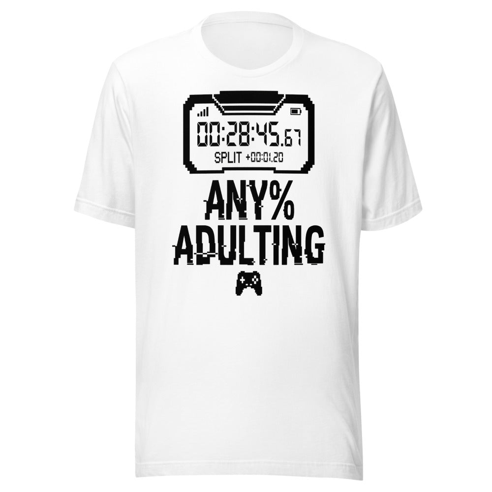 Any% Adulting — Speedrun Timer | Gamer Tee White flat lay