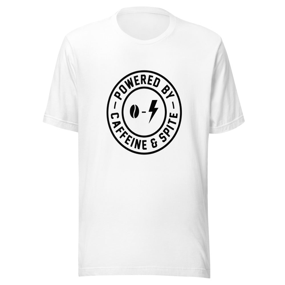 Powered by Caffeine & Spite | Badge Tee White flat lay