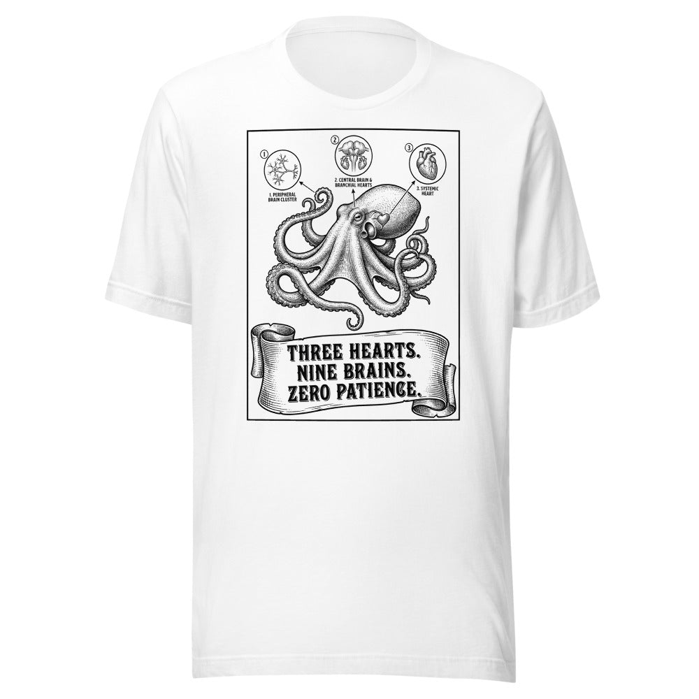 Octopus — Three Hearts. Nine Brains. Zero Patience. | Vintage Science Tee White flat lay