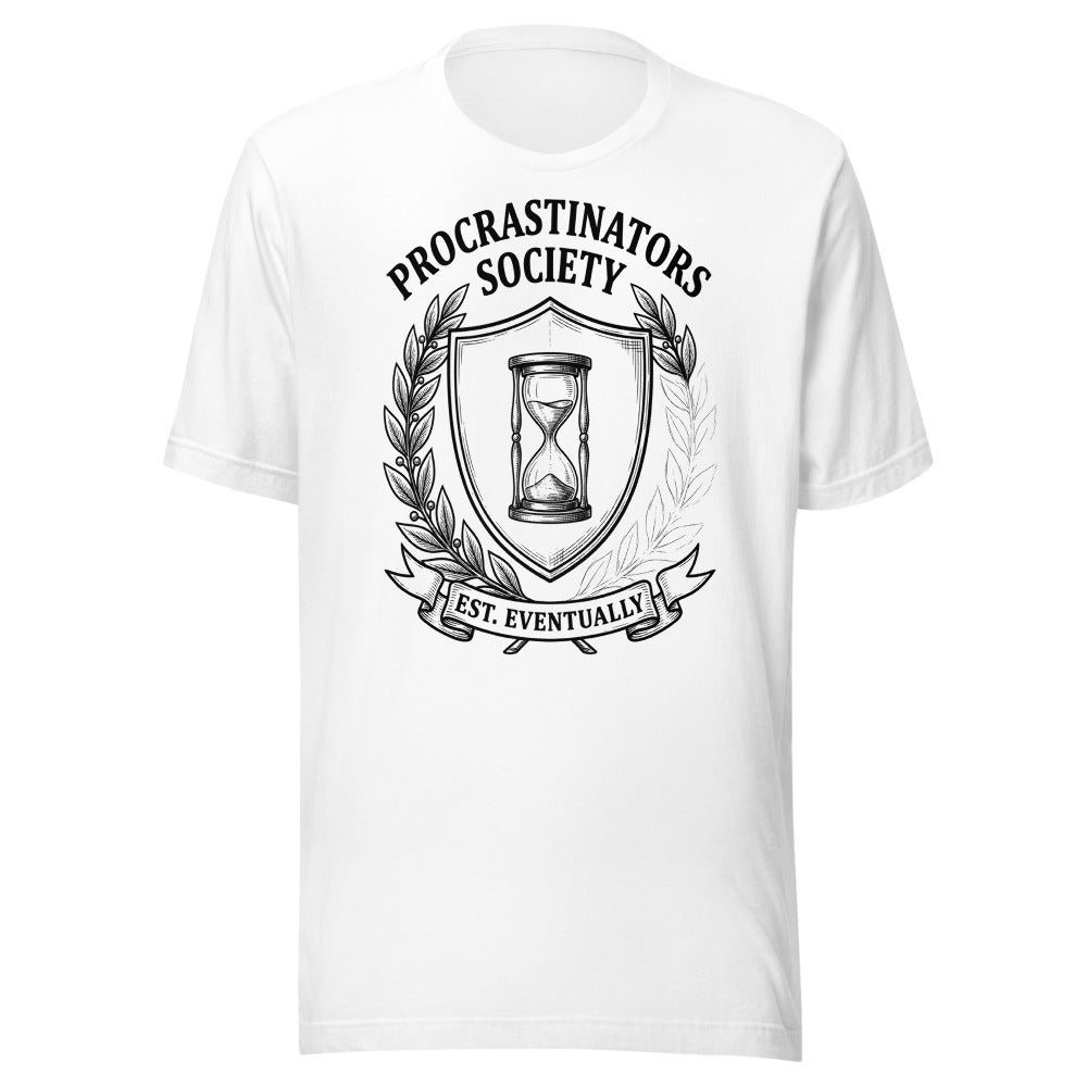 Procrastinators Society — Est. Eventually | Crest Tee White flat lay