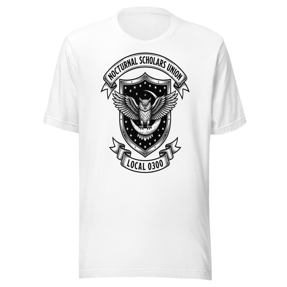 Nocturnal Scholars Union — Local 0300 | Crest Tee White flat lay