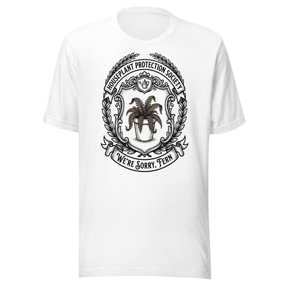 Houseplant Protection Society — We're Sorry, Fern | Crest Tee White flat lay