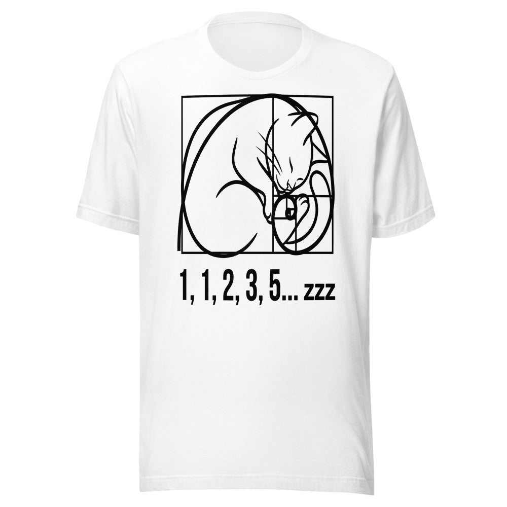 Fibonacci Cat — 1, 1, 2, 3, 5... zzz | Math Cat Tee White flat lay