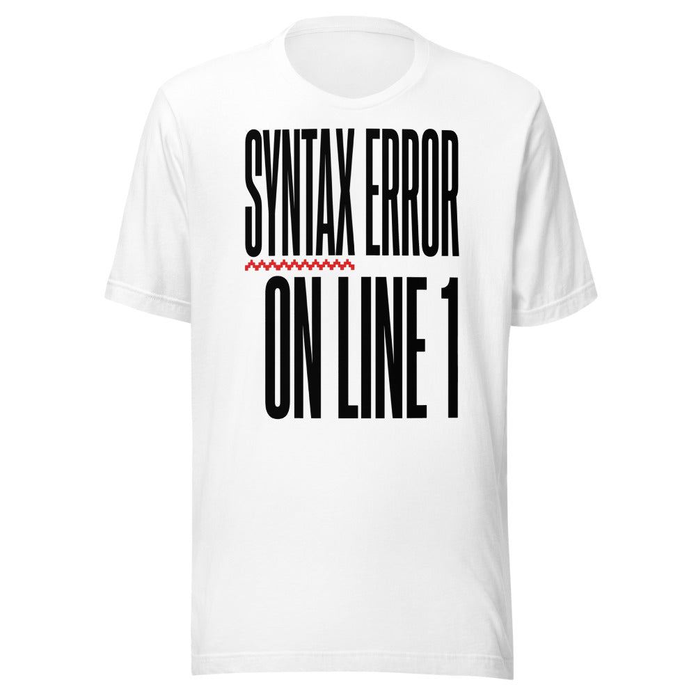 Syntax Error on Line 1 | Retro Programmer Tee White flat lay