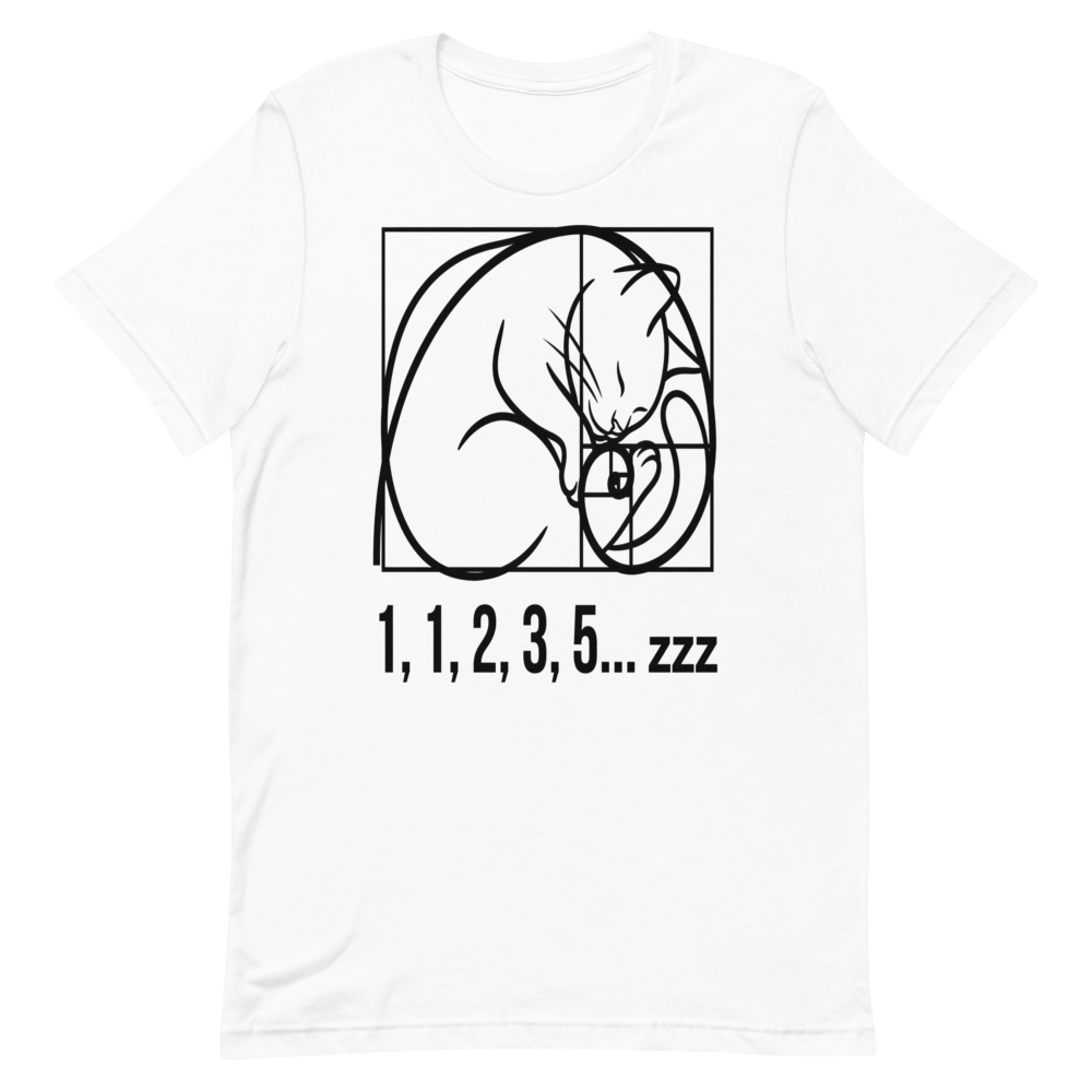 Fibonacci Cat: 1, 1, 2, 3, 5... zzz | Math Cat Tee - White